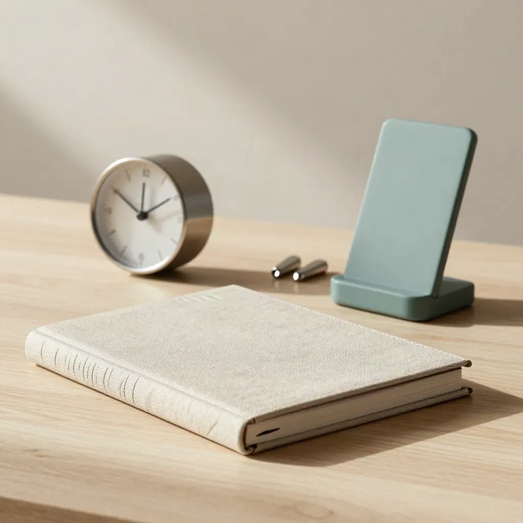 Closed planner, clock, phone dock and pen rests on pale oak in a calm calendar-booking still life.
