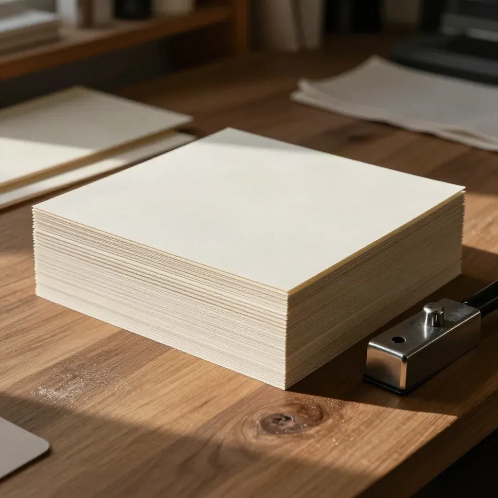 Top-down stack of cream card sheets with bone folder and metal paperweight on a walnut bench.