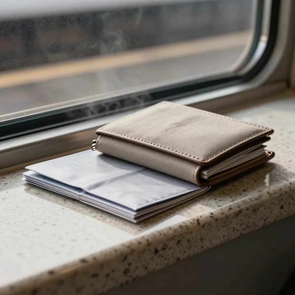 Travel wallet, ticket sleeve, packing cube and map case on stone, ready for departure.