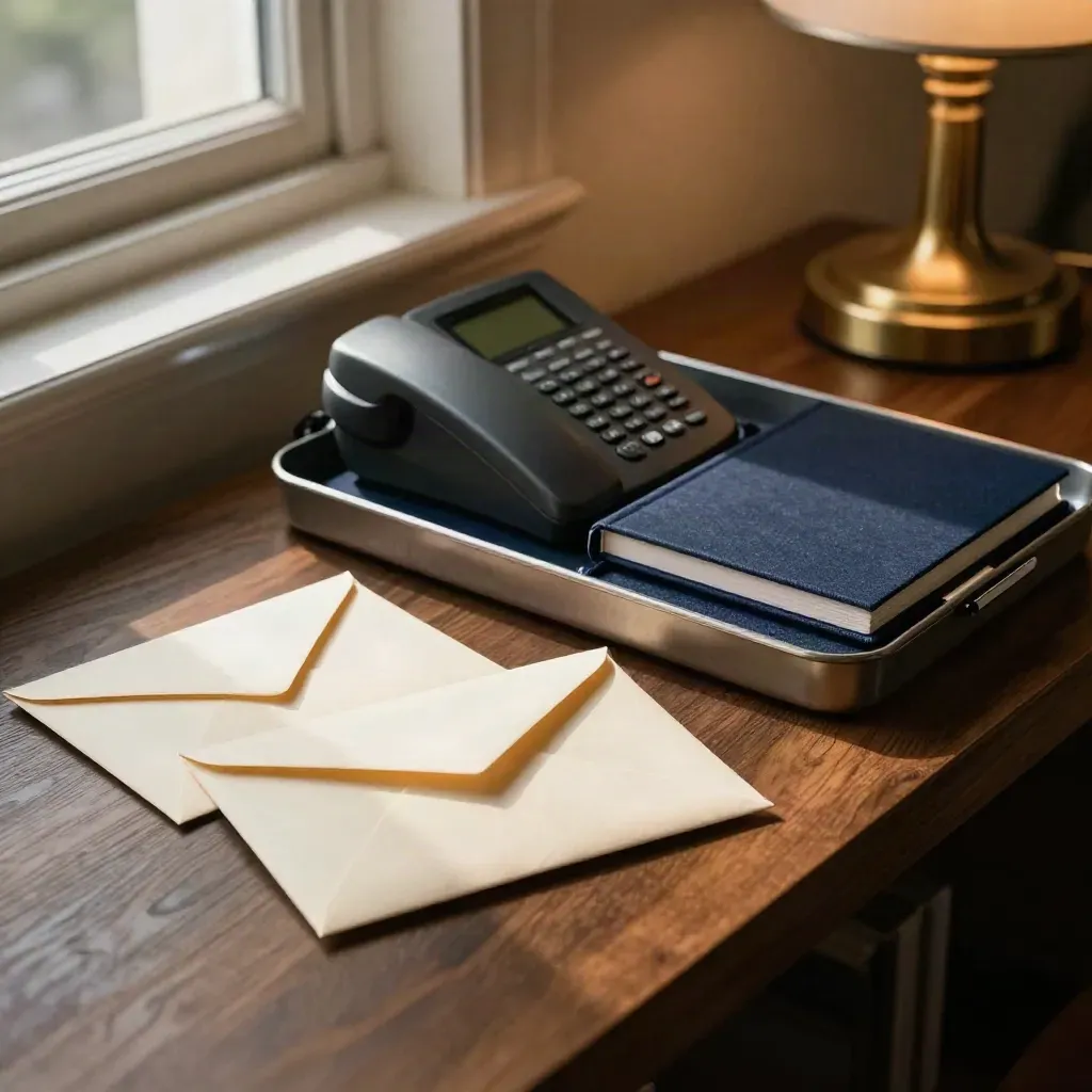 Sealed envelopes, phone, notebook and reply tray beside a glowing lamp in a moody office nook