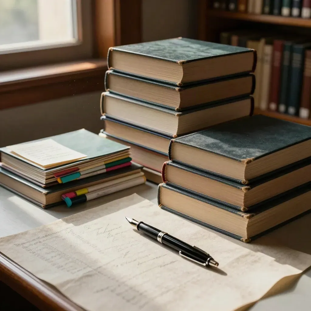Stacked research books, tabbed cards and fountain pen on linen in warm library light.