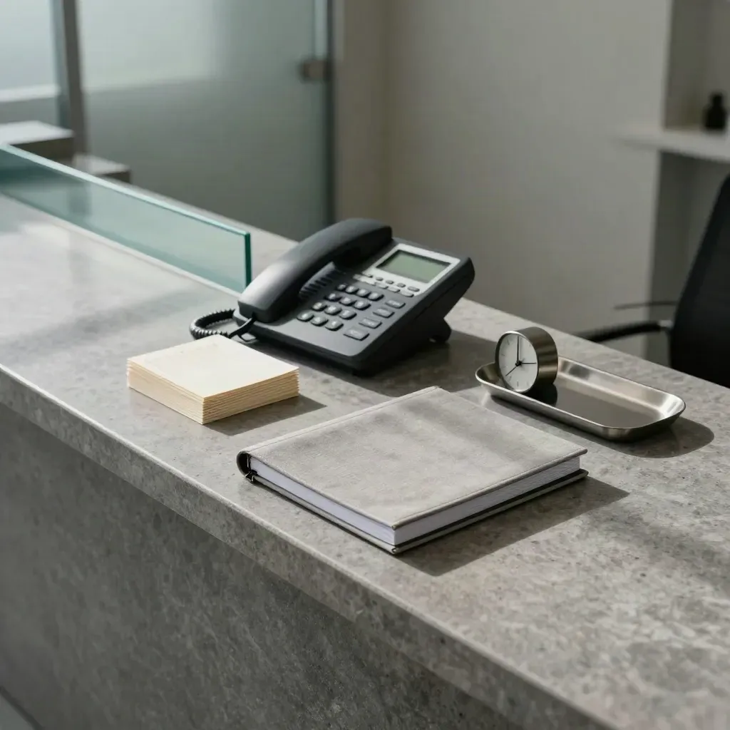 Clinic counter with closed diary, silent phone, turned cards and a small clock in teal haze.