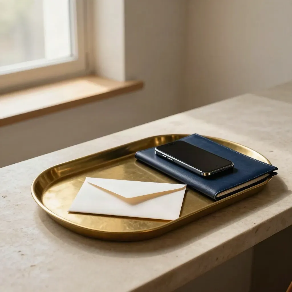 Brass inbox tray, returned envelope, and face-down phone on a stone counter in morning light.
