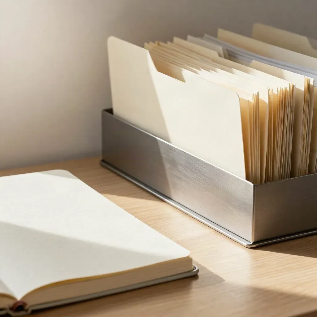 Closed notebook, phone dock and file tray on a pale desk, lit by soft daylight