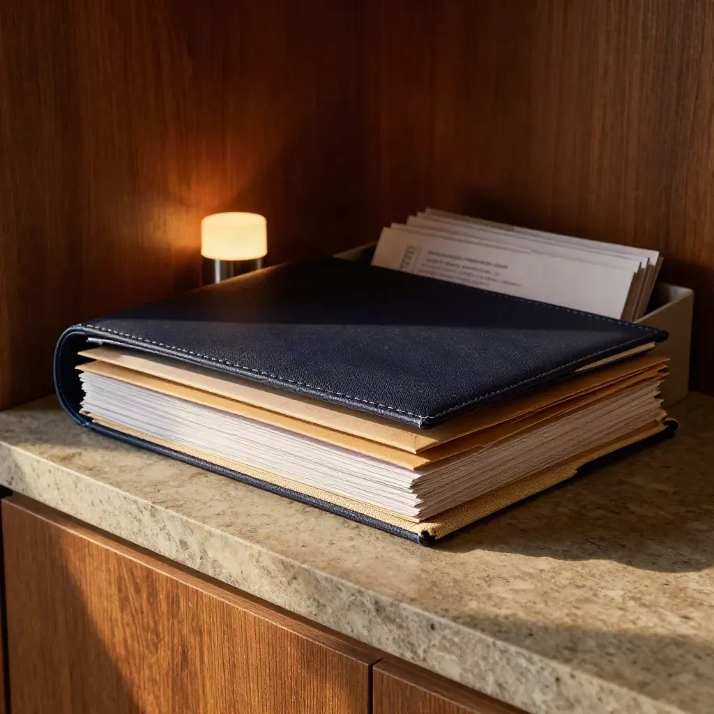 Stone-shelf admin setup with file wallet, follow-up mailers and reference tray at dusk.