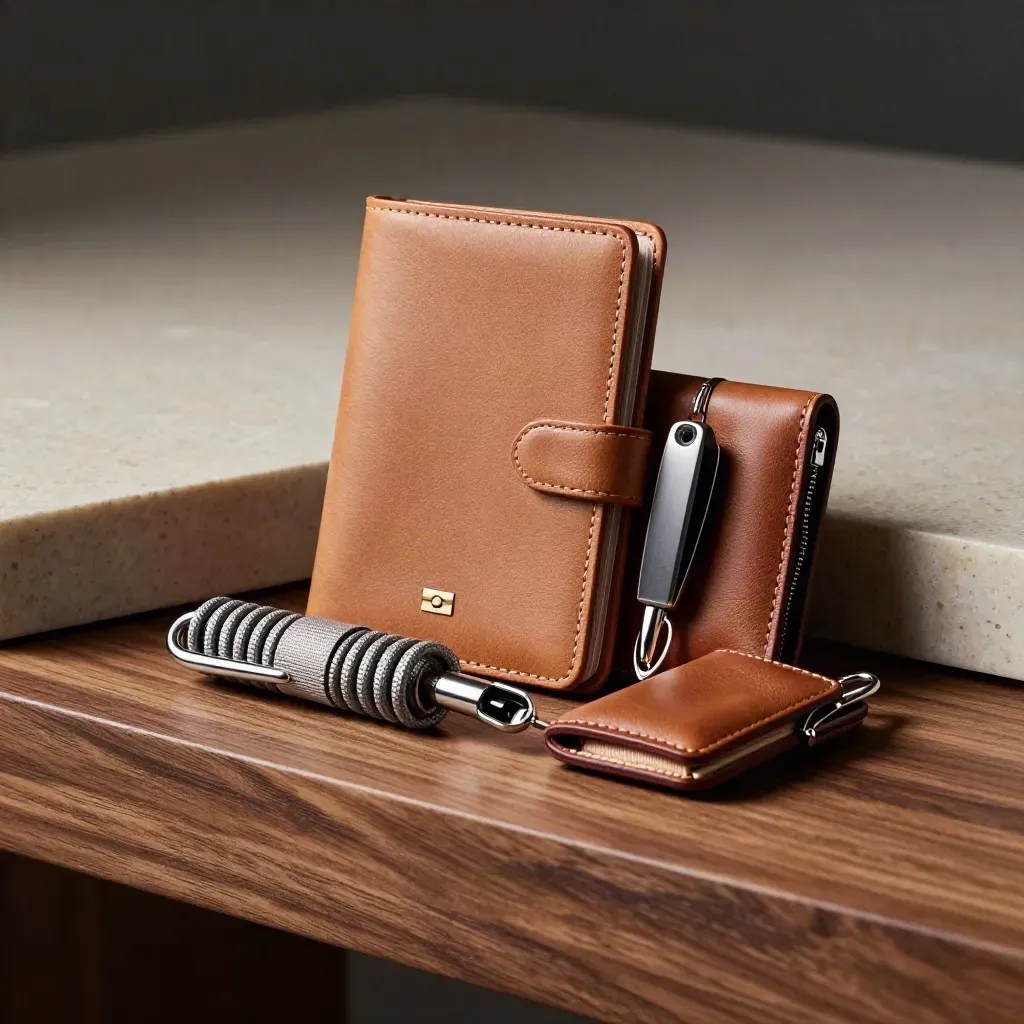 Travel passport wallet, adapter case, cable wrap and key pouch on a walnut bench