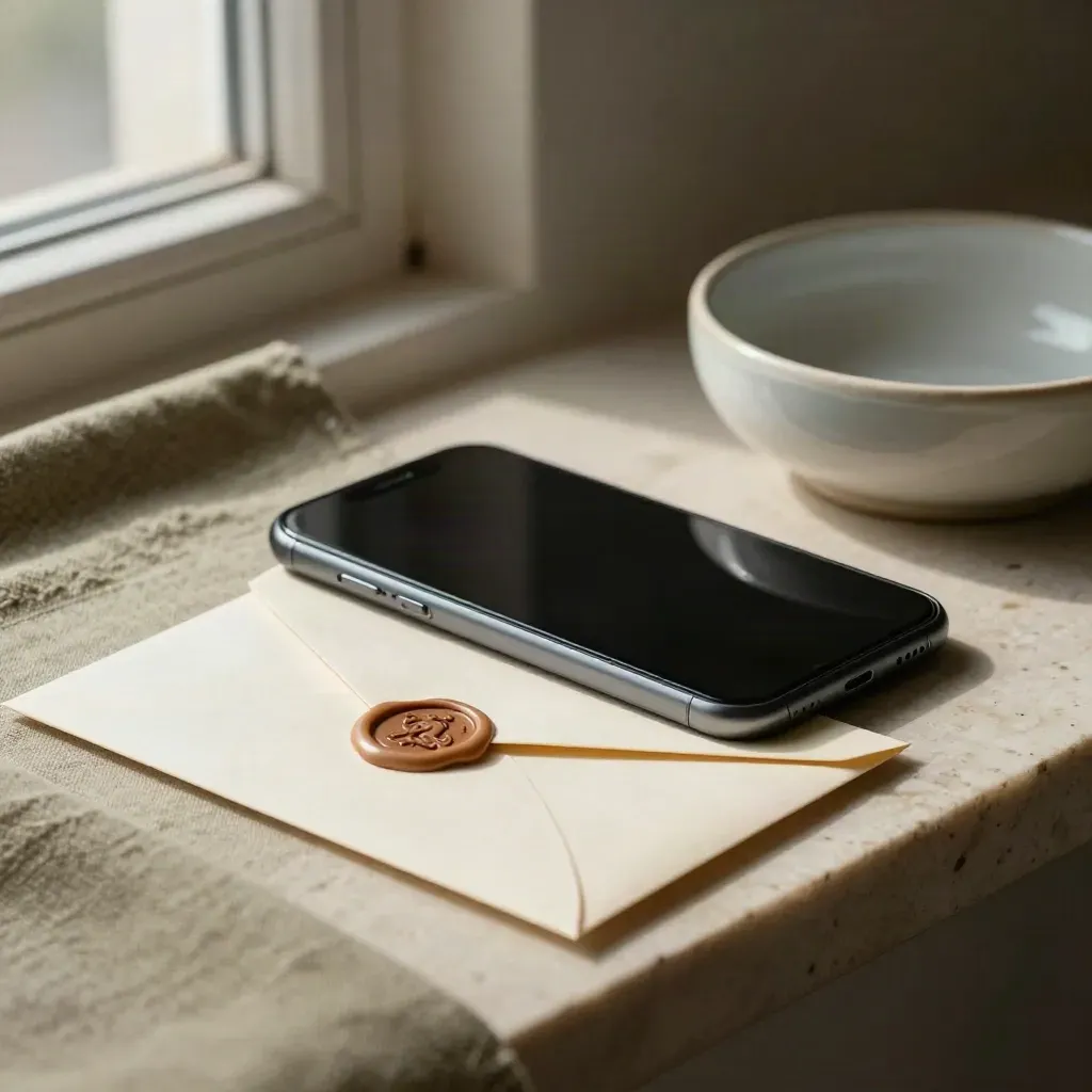 Face-down phone, sealed note envelope, fabric tray and ceramic catchall on a soft-lit shelf.