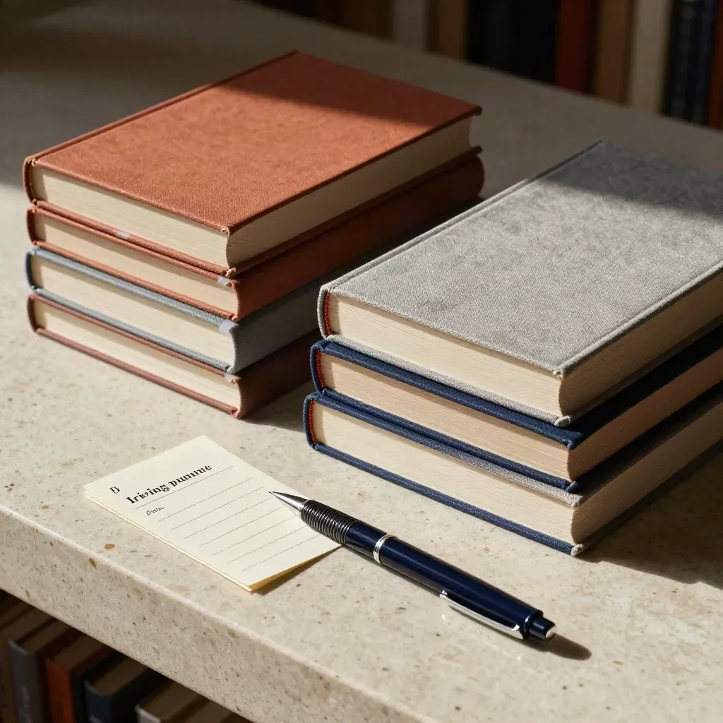 Overhead still life of stacked research books, tab markers, index cards and a navy pen on pale stone.