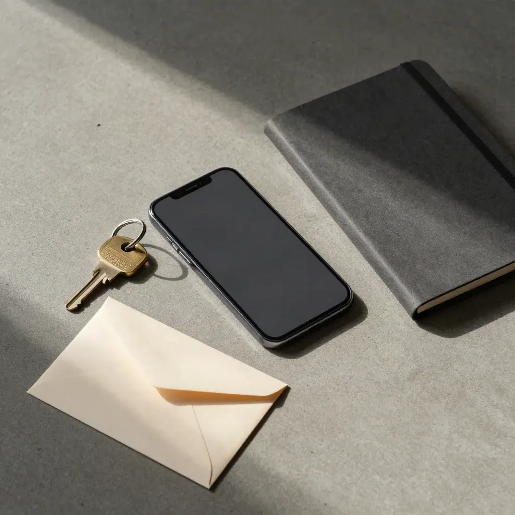 Overhead flatlay of phone, key ring, notebook and envelope on cool concrete, ready for task intake.