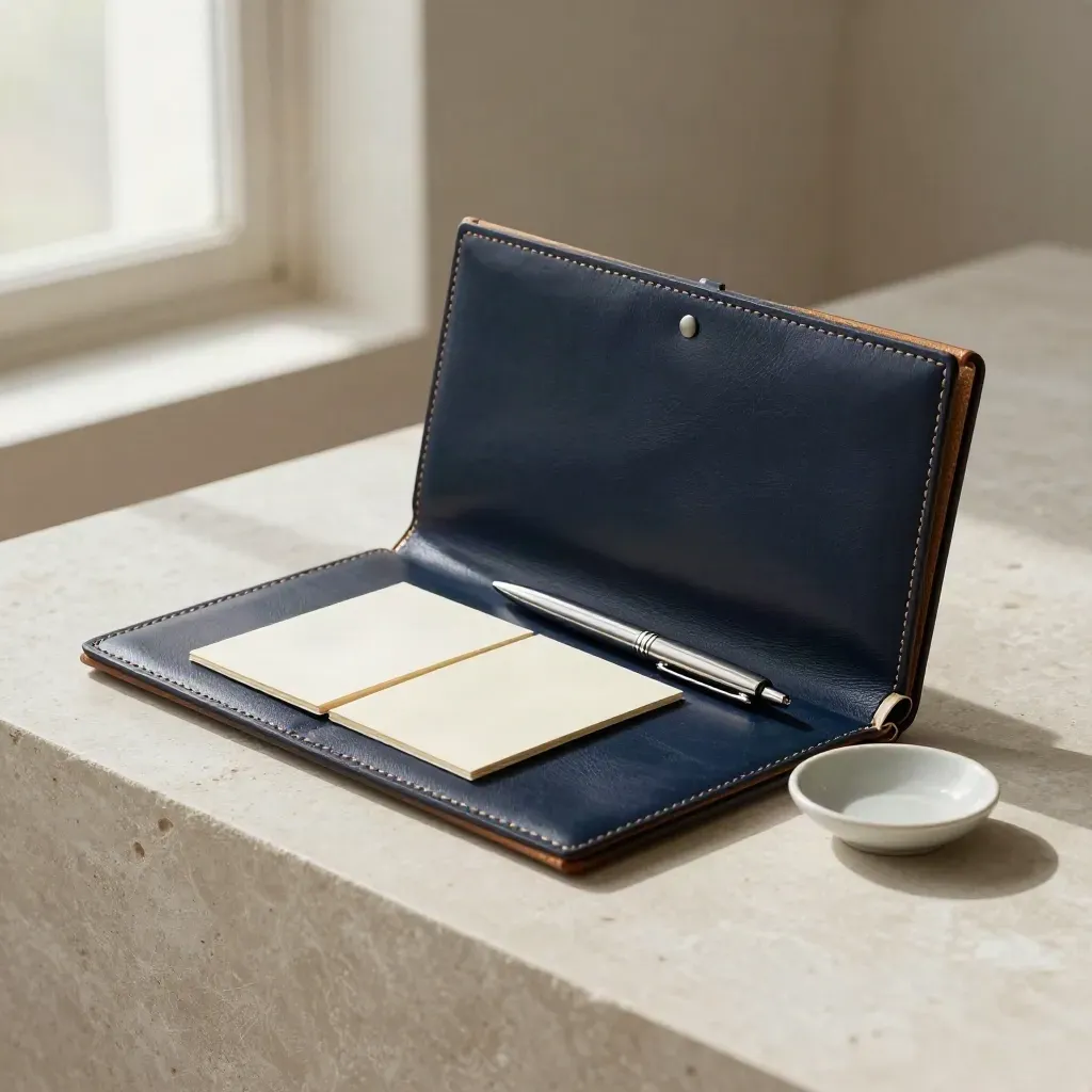Open navy leather organiser with divider cards, pen, and ceramic dish on pale plaster.