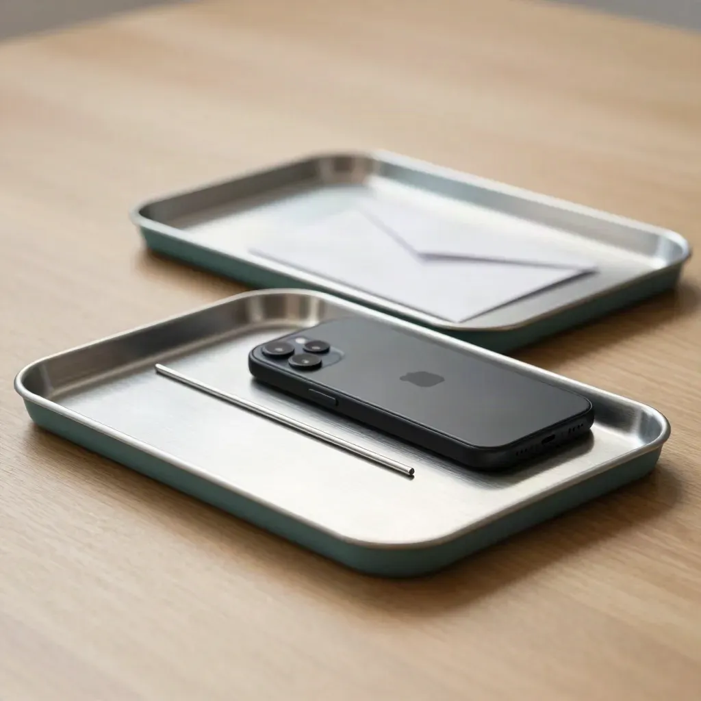 Office in-trays with phone and sealed mail carrier on pale wood, side-lit in shallow focus.