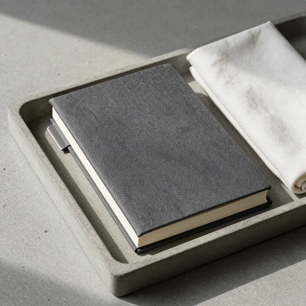 Closed planner and update cards in a concrete tray with soft cloth, top-down.