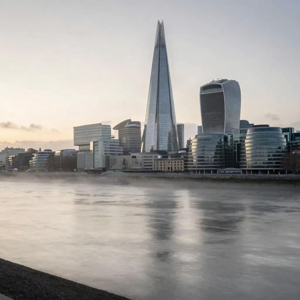 London skyline at dawn with The Shard above the Thames and drifting mist