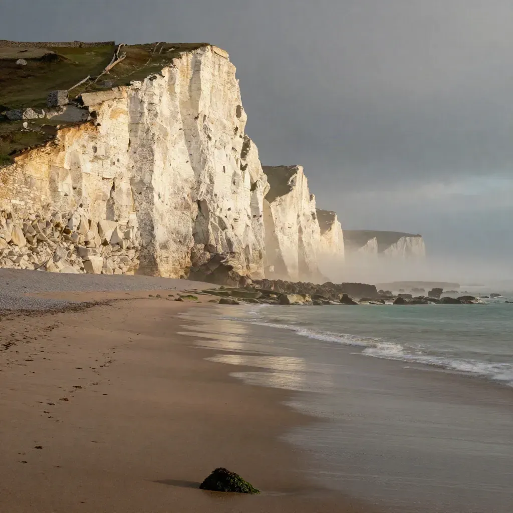 Pale South West England cliffs above a misty shore at golden hour with teal water and open copy space