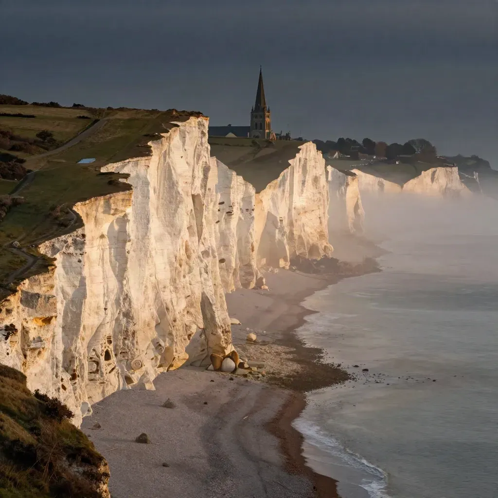 Chalk cliffs and distant cathedral spires over misty South East England at sunrise