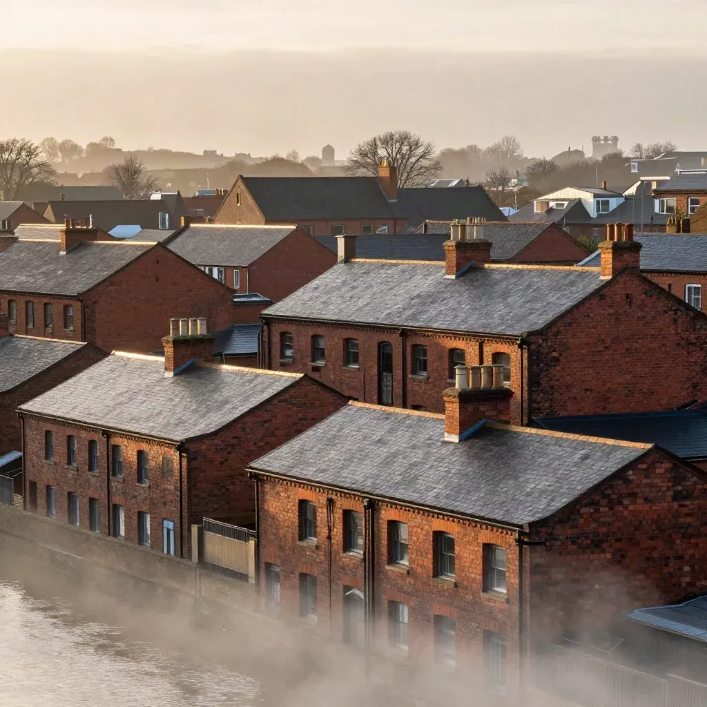 Hazy North West England rooftops and river reflections in warm evening light