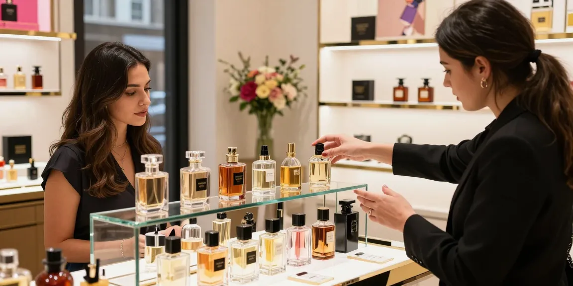 Explore Razamani Si fragrances in a luxurious boutique setting, stylish woman engaging with a salesperson.