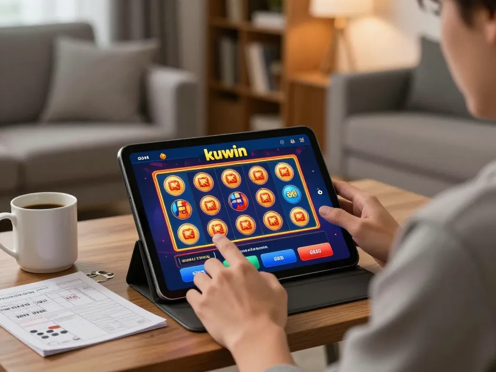 Kuwin gaming experience with a player using a tablet in a cozy living room for online gambling.