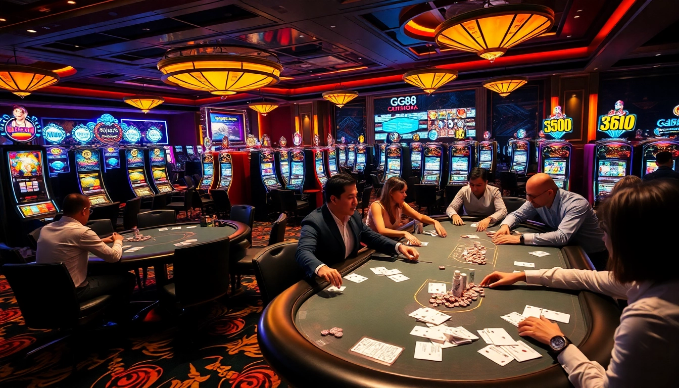 Experience thrilling gameplay at GG88's luxurious casino floor with vibrant tables and slot machines.