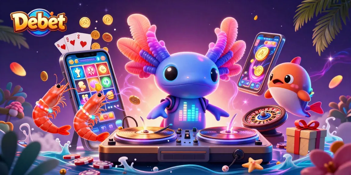 Debet showcases a vibrant casino scene with energetic axolotl DJ, slots, and lively underwater elements.