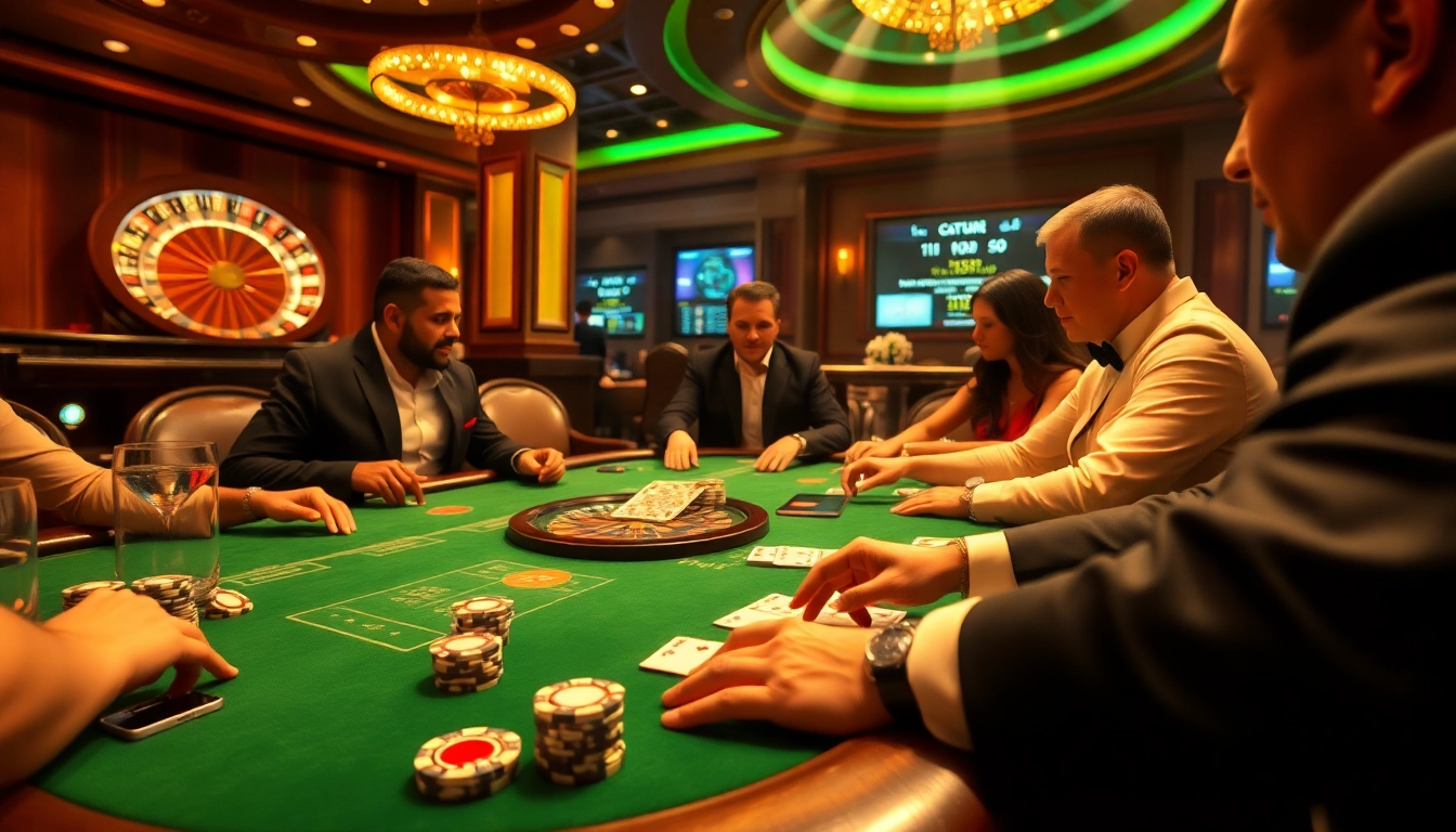 A lively poker game at 33win casino with elegant players and stunning poker chips lighting up the scene.