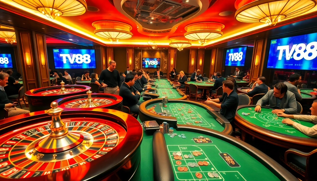 Players enjoying a lively casino experience at TV88, featuring roulette and poker.