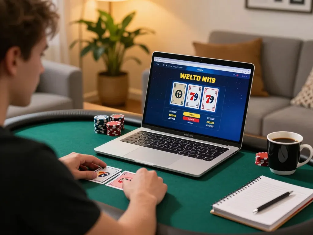 Player enjoying online poker on 789club platform at home, with gaming strategy notes visible