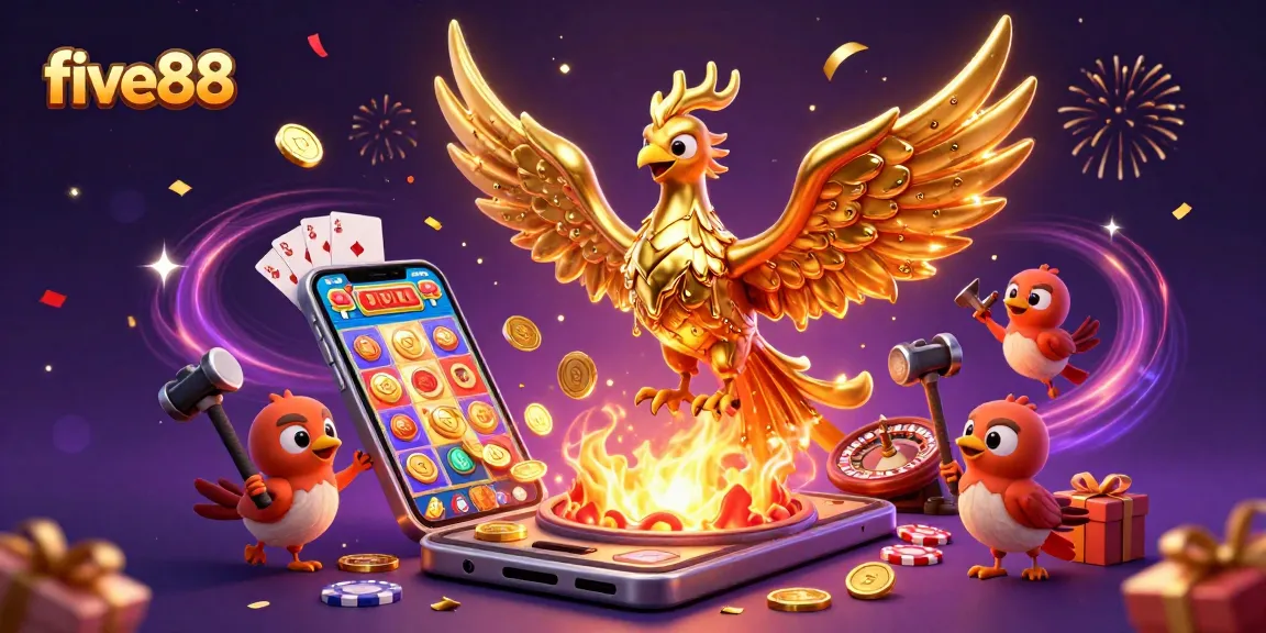 Experience the vibrant world of five88 with a stunning 3D illustration featuring a golden phoenix and dynamic casino elements.