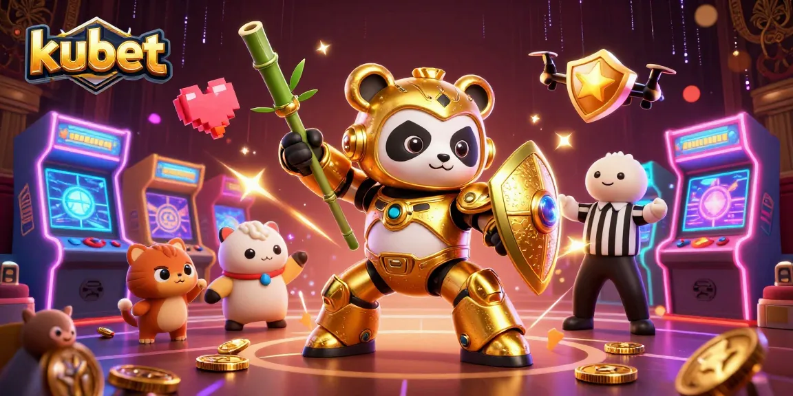 Kubet showcases thrilling gaming action with a golden panda in a mech-suit piloting a bamboo robot in an animated casino arena.