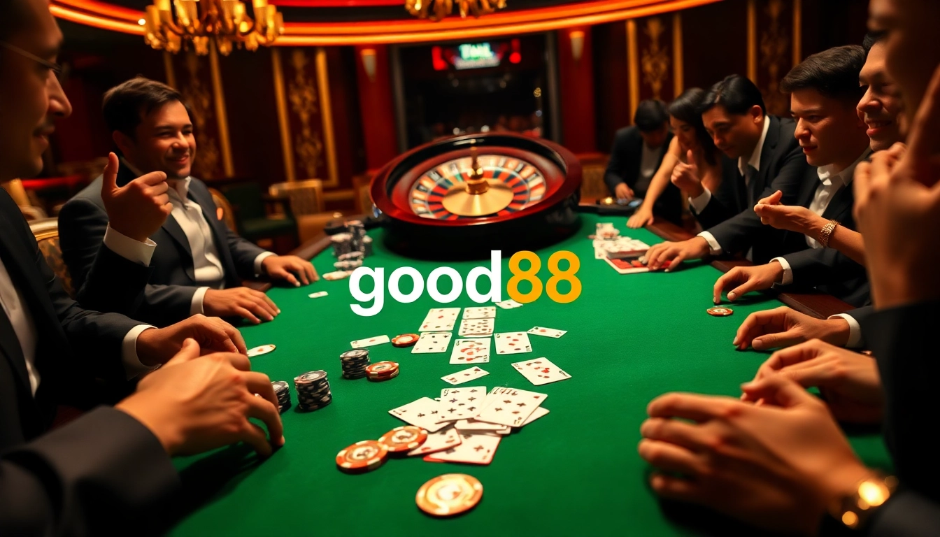 Players strategizing at a luxurious poker table during a thrilling game at good88 casino.