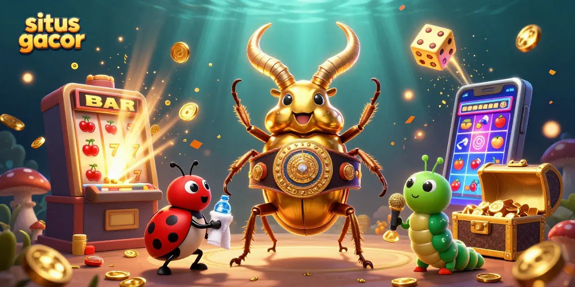 Engage with situs gacor through a vibrant 3D casino illustration featuring a golden stag beetle and jackpot elements.