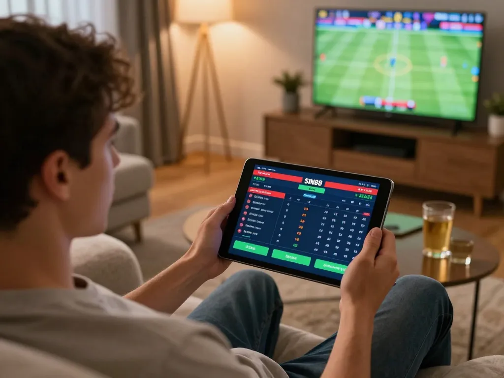 SIN88 sports betting interface showcased as user strategizes in cozy home setting, creating an engaging atmosphere.