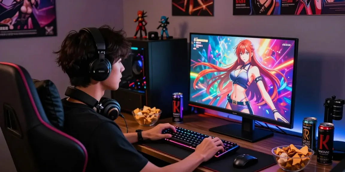 Player enjoying a hentai game at a colorful gaming setup with dynamic lighting.