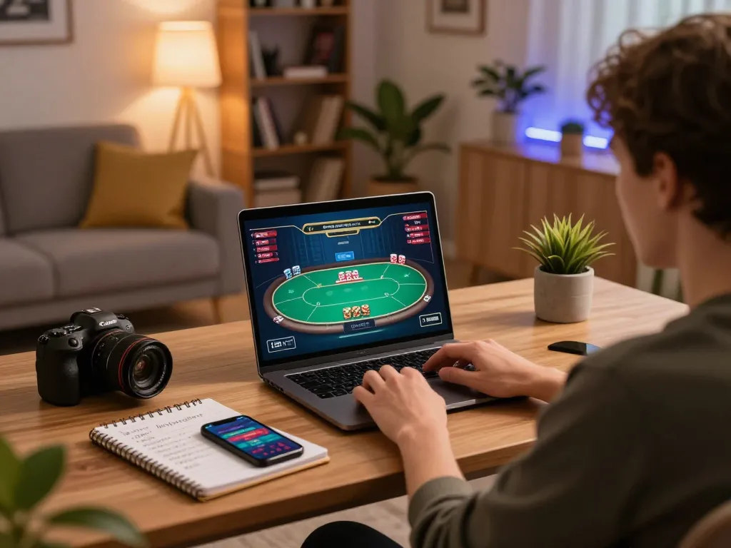 Engaging in online poker gameplay at home in a cozy setting, showcasing cloud-africa's gaming experience.