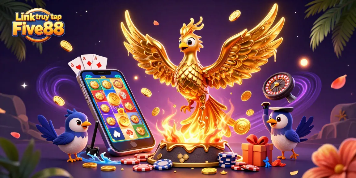 Win big with Link truy cập Five88 in this dynamic 3D casino scene featuring a golden phoenix.