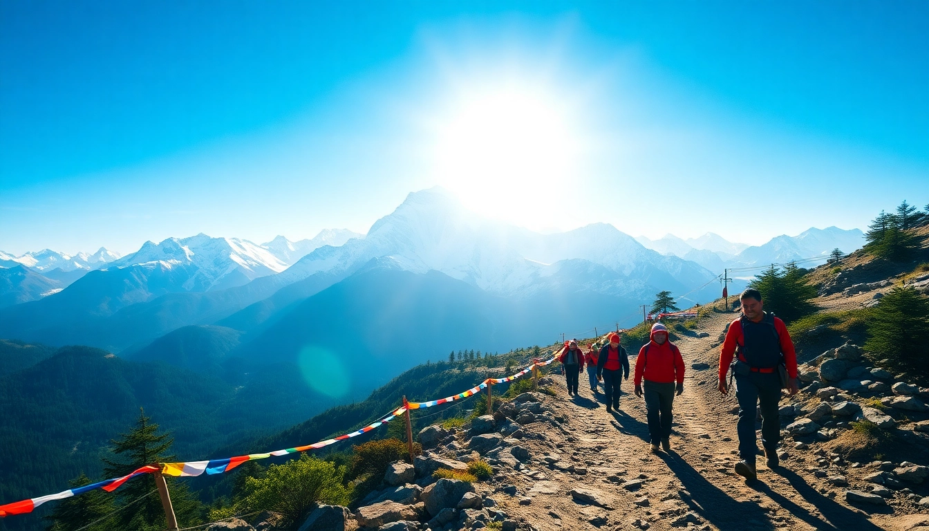 Trekkers on Everest Base Camp Trek with Mount Everest in the background.