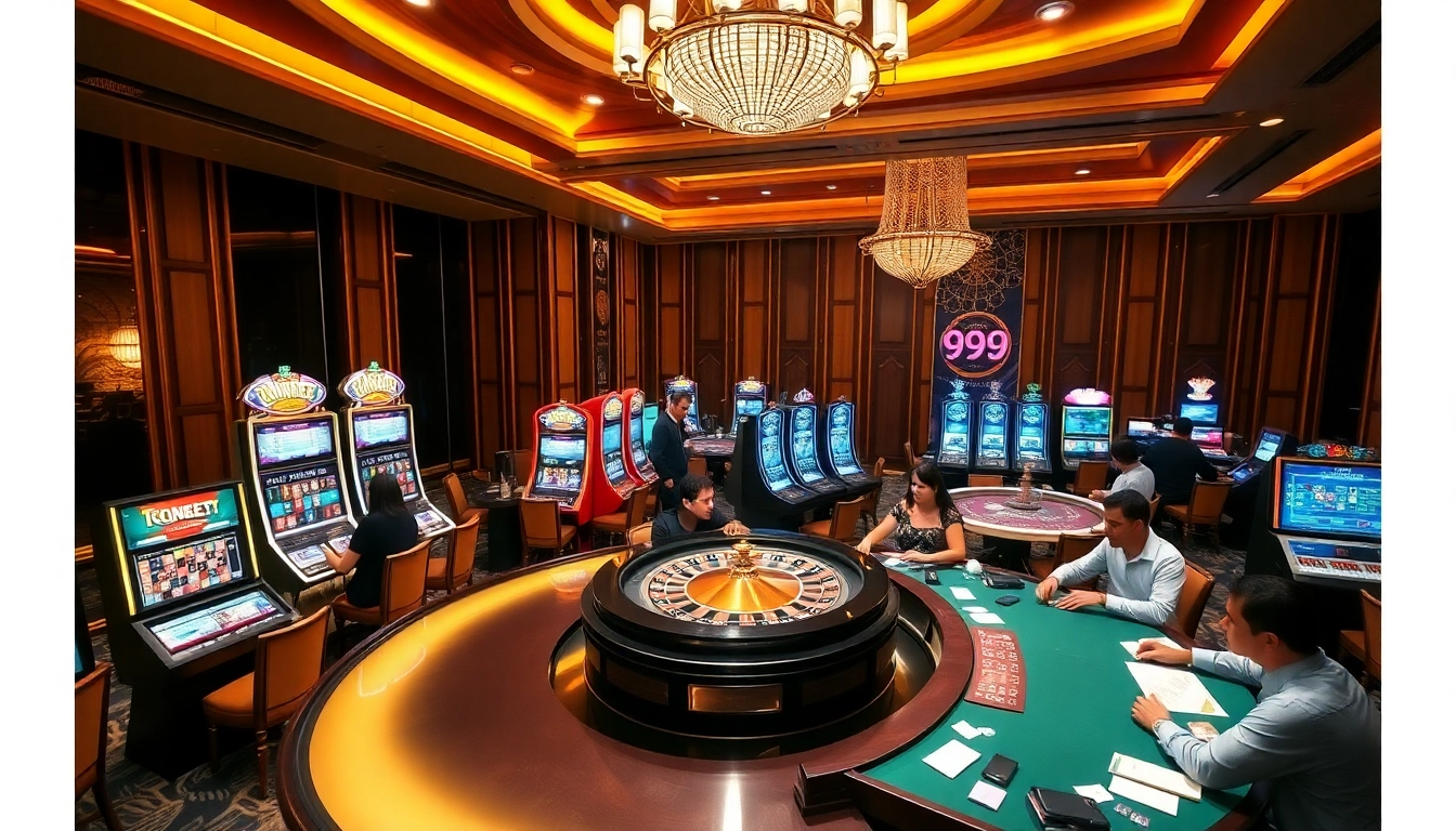Experience thrills at Nhà cái 99ok with vibrant casino games, roulette action, and excited players.