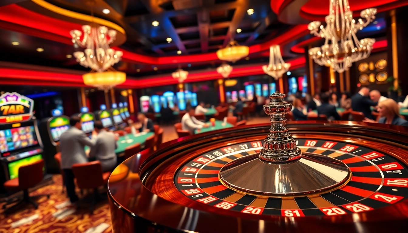 Nhà cái uy tín with lively poker games, colorful slot machines, and a roulette wheel.