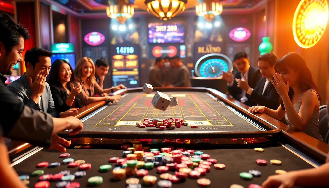 Tài xỉu md5 game table showcasing excited players betting on dice outcomes with colorful chips.