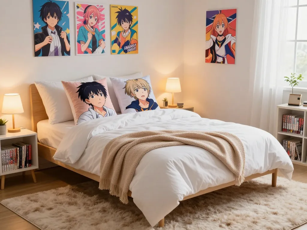 Cozy bedroom showcasing a vibrant dakimakura pillow on a neatly made bed, enhancing anime culture.