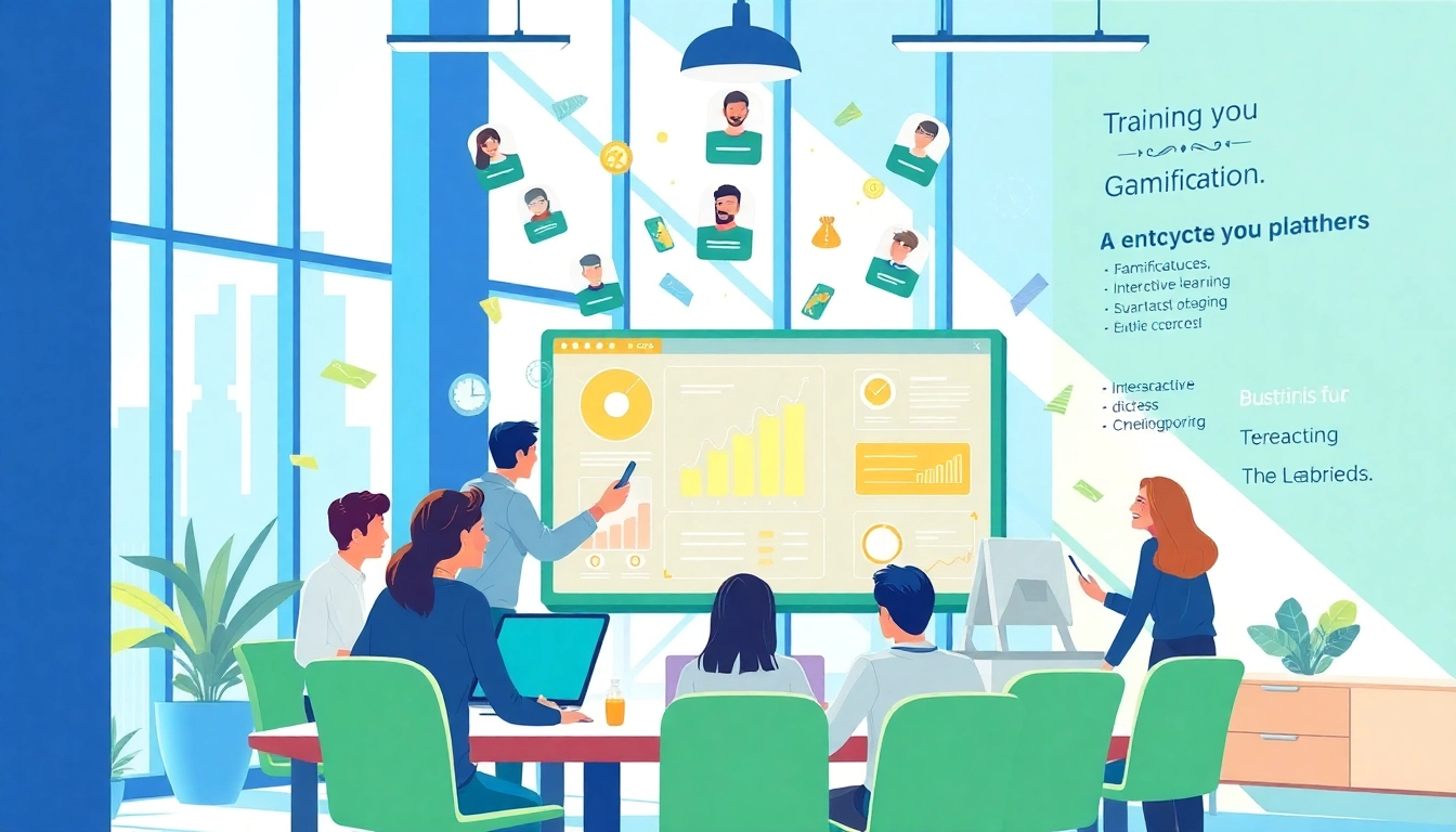 Engage in training gamification with diverse employees excitedly interacting with a digital learning platform.