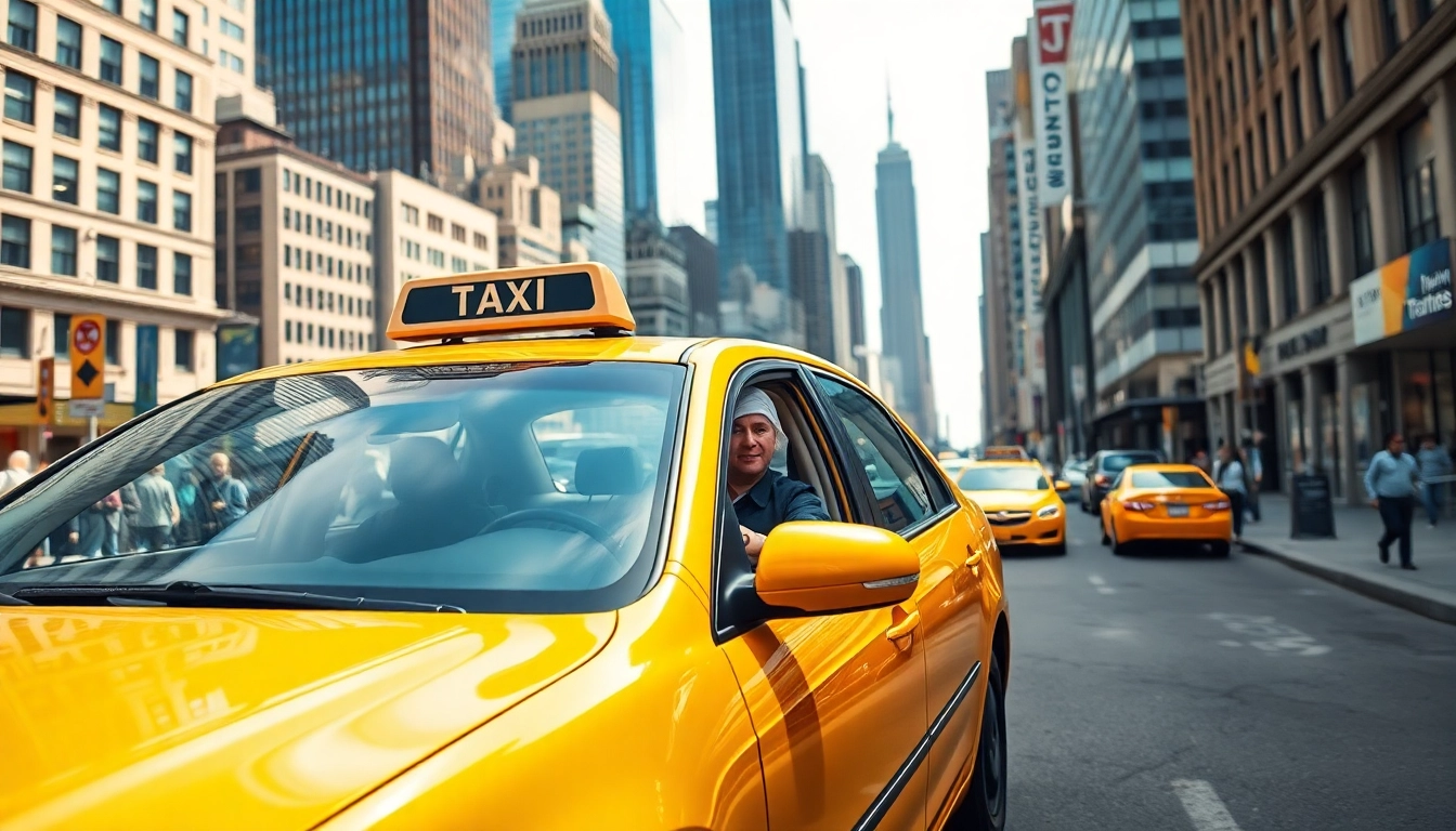 Taxi driving through a busy city street with energetic urban landmarks.