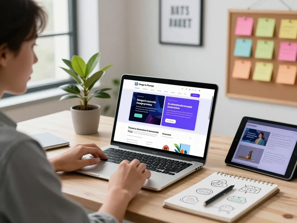 User interacting with an image to prompt generator on a modern laptop in a vibrant digital workspace.