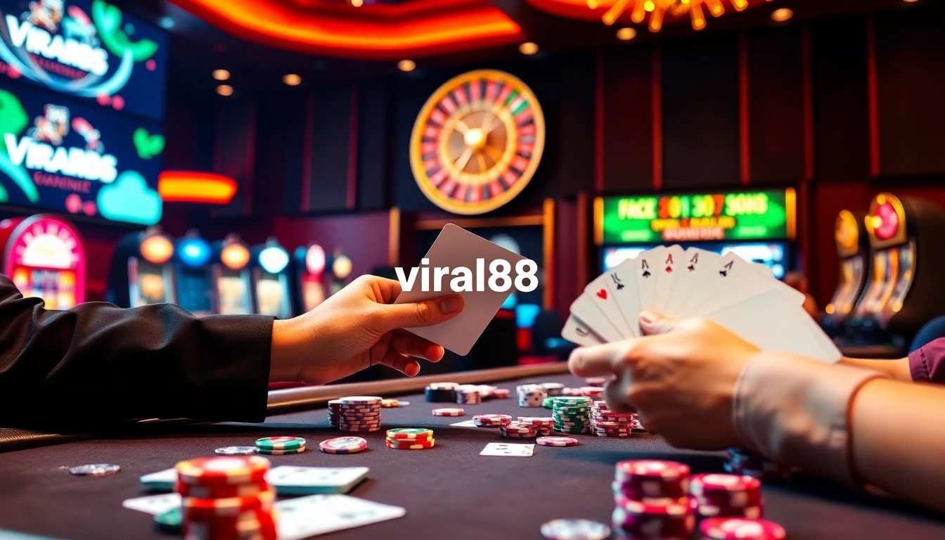 Engaged poker players at a high-stakes table with viral88 themed elements.