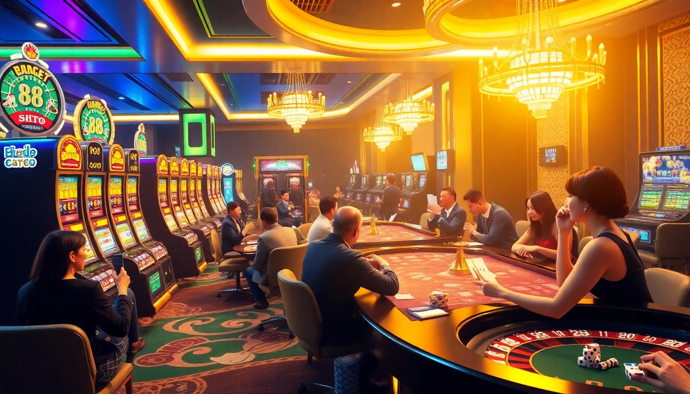 Players enjoying the thrilling 88i game experience at a vibrant casino, surrounded by festive gambling elements.