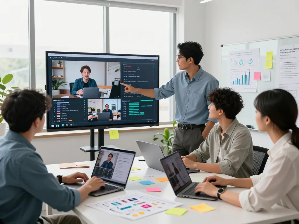 Dynamic team in a modern workspace utilizing video to prompt AI technology for collaborative creativity.