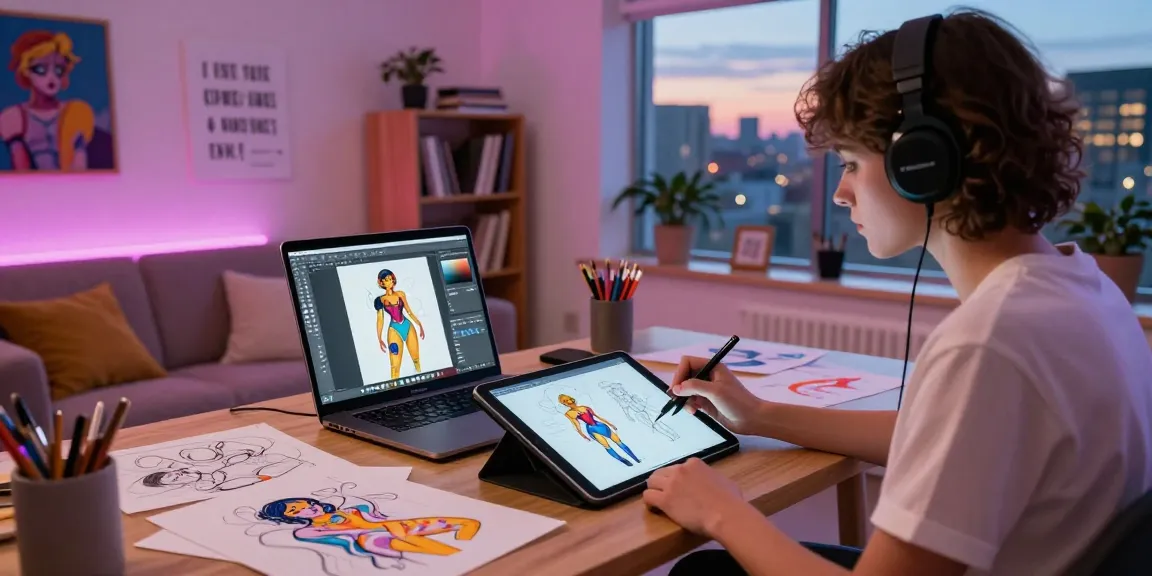 Creative NSFW AI character design workspace with digital art software and vibrant sketches