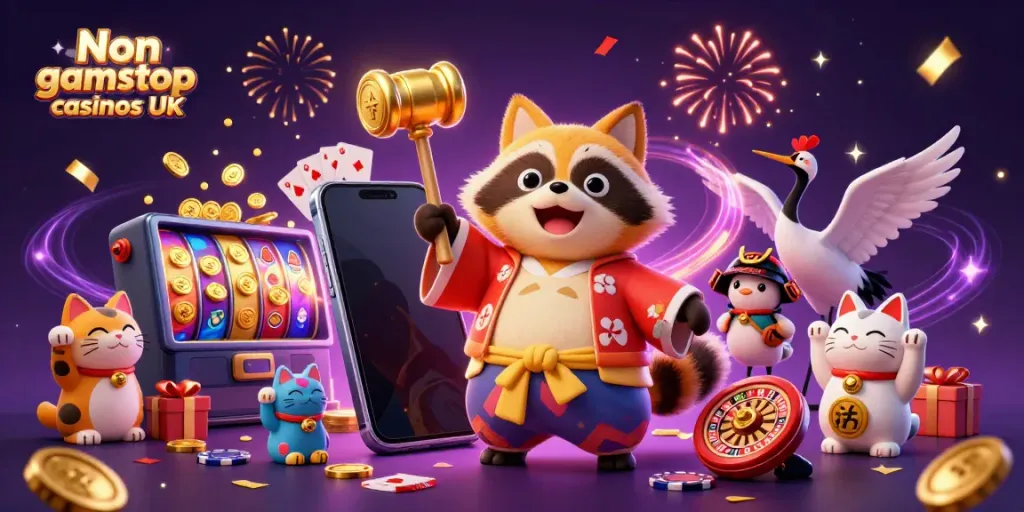 Engage with Non gamstop casinos UK in a lively casino scene with joyful characters and vibrant gaming elements.