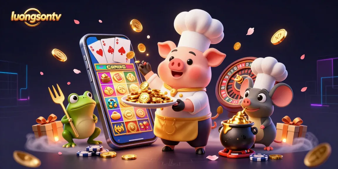 luongsontv showcased in a vibrant 3D illustration with a pig chef, mouse sous-chef, and frog critic amidst casino elements.