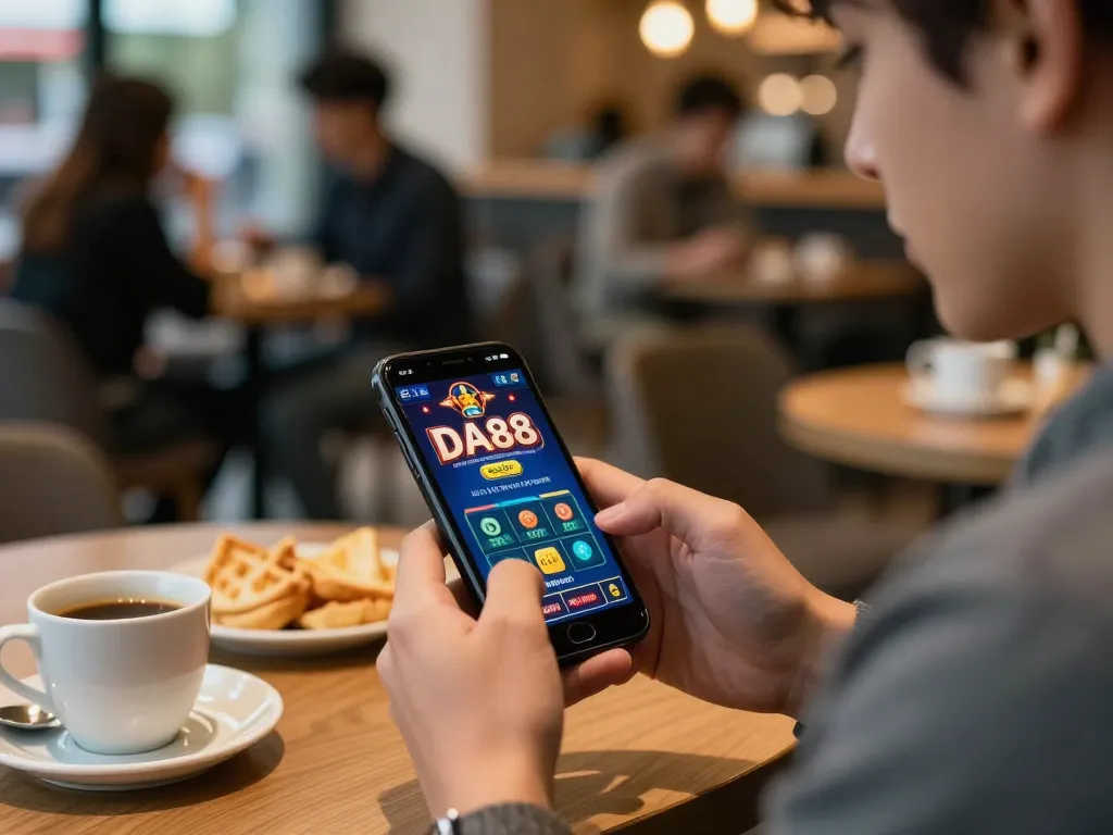 Engaging with DA 88 casino app on smartphone for strategic betting in a vibrant cafe setting.